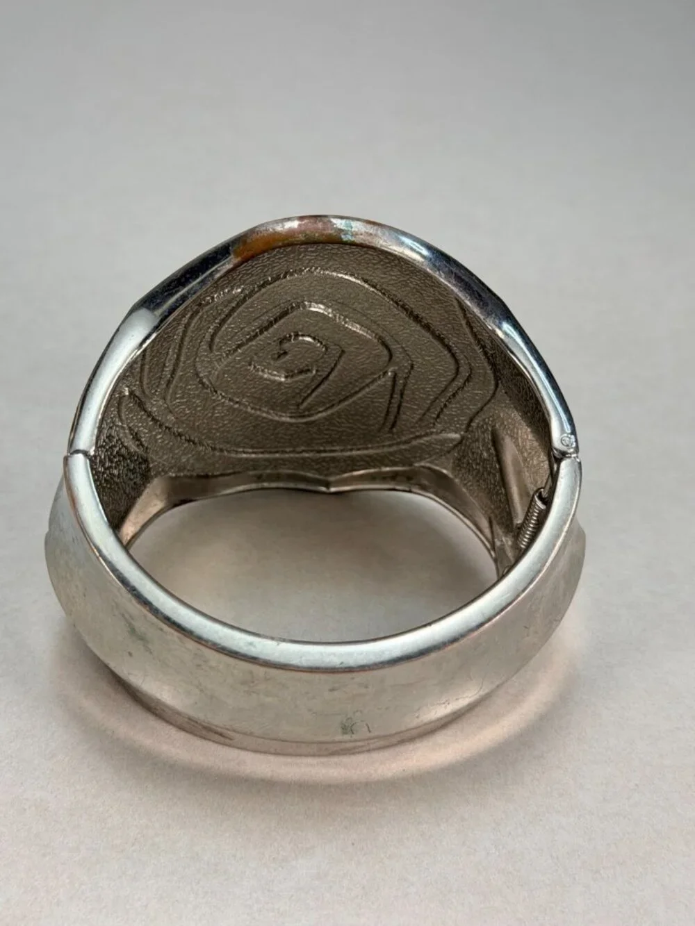 Modern Wide Enamel Hinged Bangle Bracelet Silver Tone Orange Green Abstract